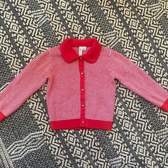 Janie and Jack Girls Striped Collared Cardigan – Moto Red Stripe – Size 3 - Picture 2 of 5